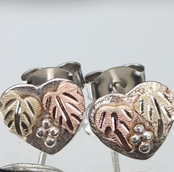 Jewelry - Vintage 925 Sterling Silver Heart Earrings With Black Bills Gold